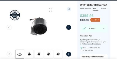 Open Box Range Hood Blower Fan Part # W11106377, WPW10294501,  W10638161