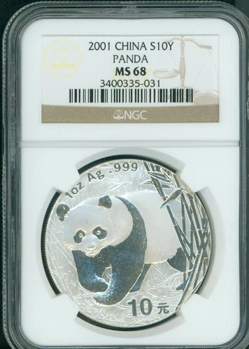 2001 SILVER PANDA 1 Oz. BULLION 10Y S10Y 10-Yuan 10-Yn CHINA NGC MS68