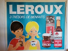 AFFICHE ORIGINALE D’ÉPOQUE. CHICORÉE LEROUX. TROIS TRÉSORS DE BIENFAITS.