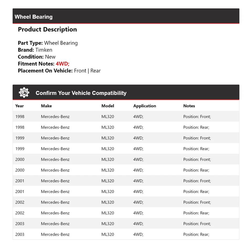 Cojinete de rueda Timken 1999 2000 2001 2002 para Mercedes-Benz ML320 1998-2003 4x4 Foto 2 de 4