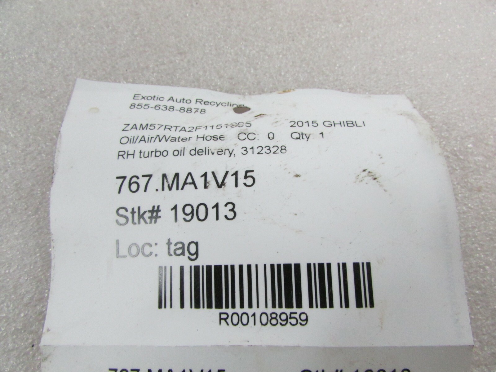Maserati Ghibli, RH Right Turbo Oil Delivery Hose, Used, P/N 312328