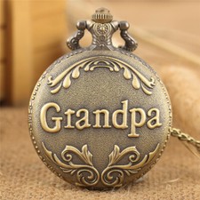 Bronze Engraved Grandpa Design Men's Quartz Pocket Watch Necklace Chain Gift