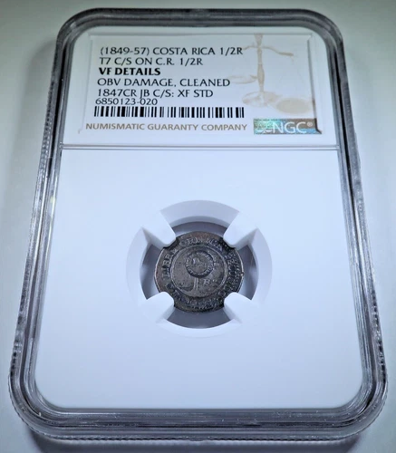 1849 Costa Rica Silver 1/2 Real Counter Stamp NGC VF Details Countermark Coin