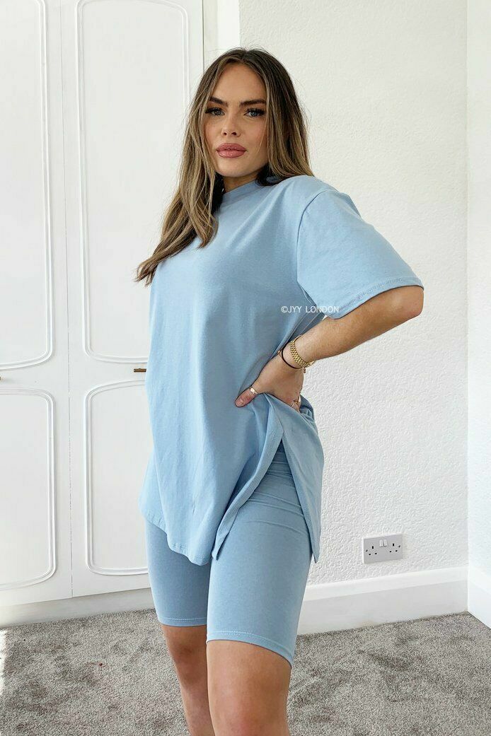 Ladies Oversize Slit Tshirt Cycling Short Co Ord Womens LoungeWear