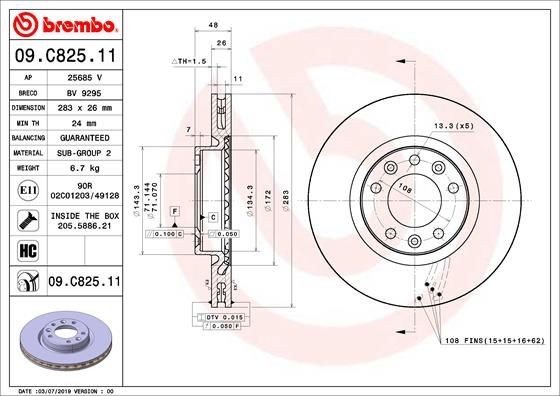 Disque de frein 09.C825.11 BREMBO pour système de freinage Citroën