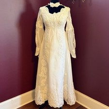 VTG 60s Victorian Boho Wedding Dress Bishop Chiffon Sleeves Empire Waist  ILGWU