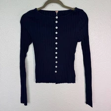Free People Tilly Top Womens Small Ribbed Button Front Cardigan Navy Blue NEW