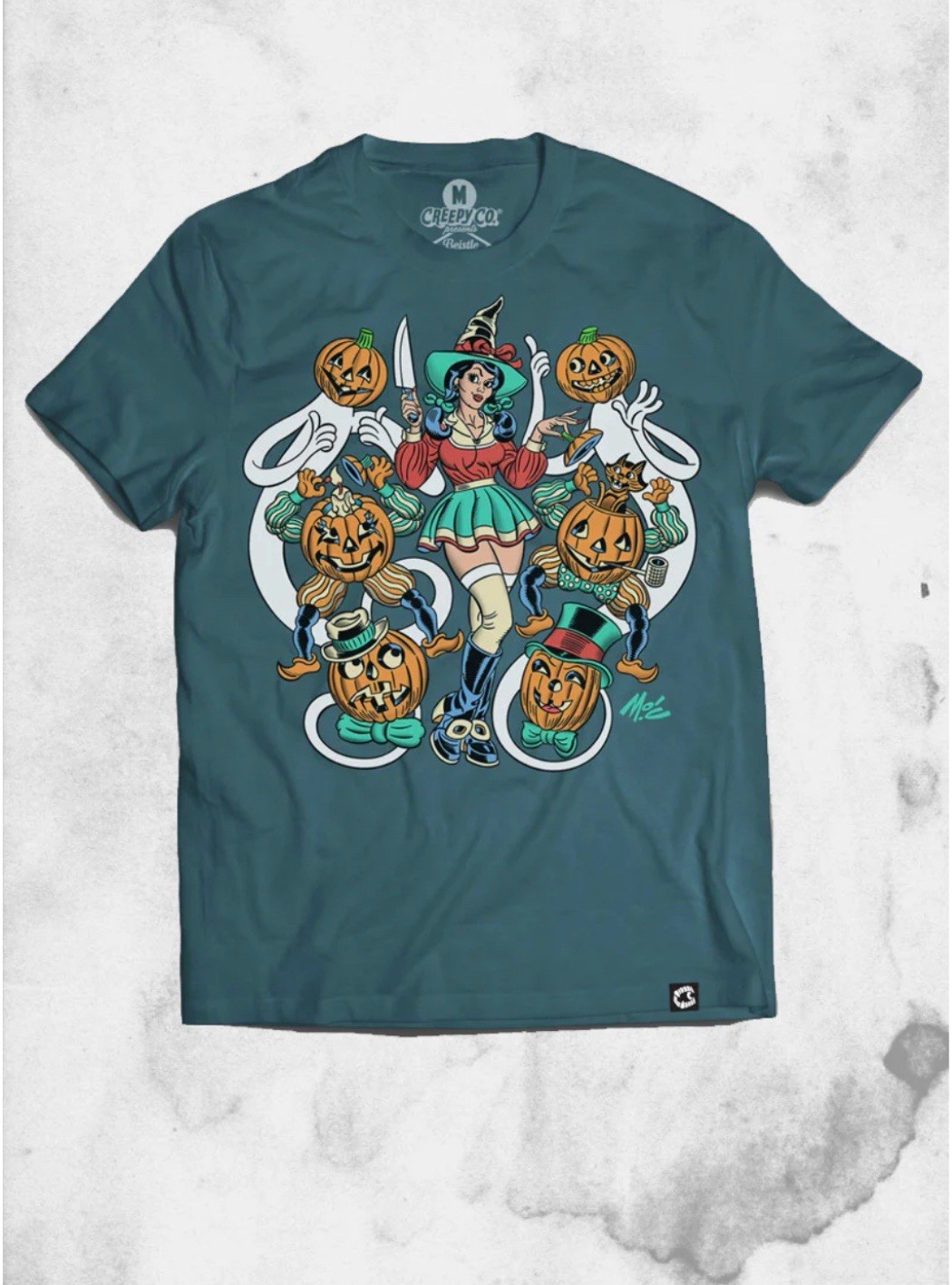 Beistle Creepy Co Blue Curvy Carver T-Shirt Halloween Witch Pumpkin Retro XS
