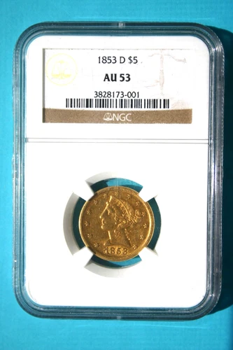 An 1853 D $5 Liberty Half Eagle Gold Coin, NGC Certified AU - 53, Dahlonega Mint