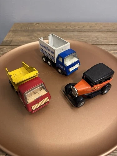 Vintage 1970s Tonka Mini Toy Vehicles Lot of 3 - Dump Truck Goodyear Taxi USA!