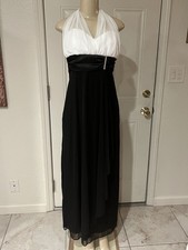 Davids Bridal Halter Cascade Formal Gown Long Dress Size Medium Black/Ivory