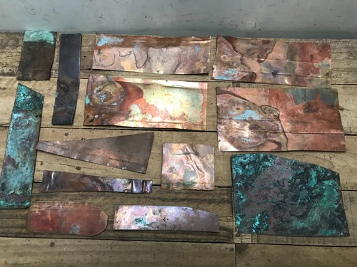 Lot 12 Sheet Copper Pieces Coppersmith scrap Natural Patina Colors Verdigris