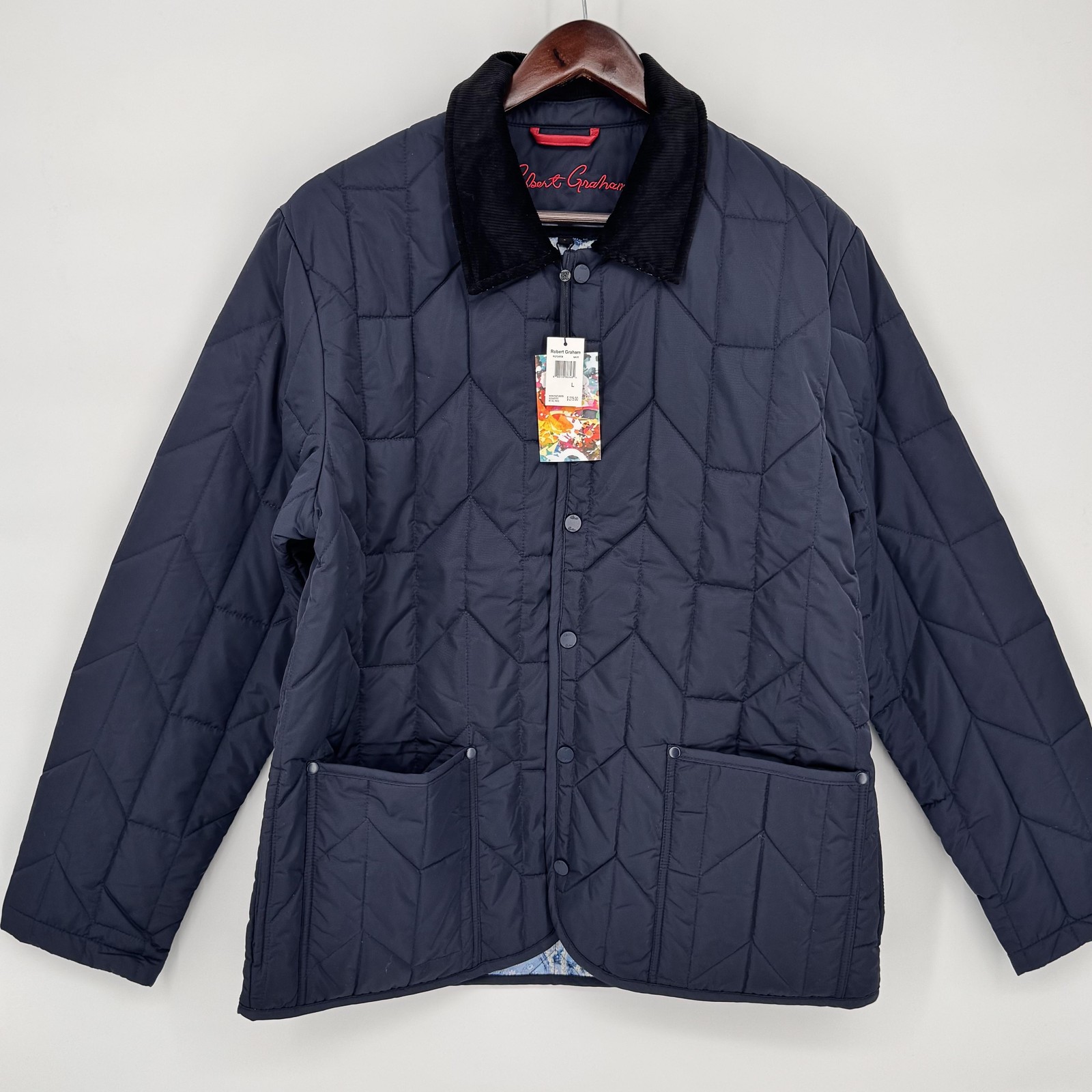 Robert Graham Jacket Mens Large Navy Quilted Corduroy Collar Lined Coat RGF24R08