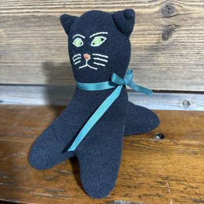 Halloween Handmade Kitty Cat Black Plush Hand Embroidered Face Green Eyes Bow