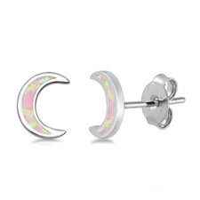 Sterling Silver Crescent Moon Classic Simple Cute Earrings Pink Synthetic Opal