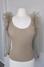 Dolan Ruffle Fairy Shoulder Sheer Polka Dot Sleeve Ribbed Body Top Blouse Sz S