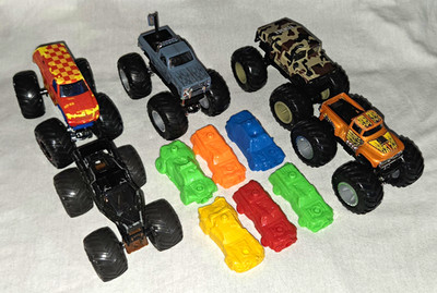 Mattel Hot Wheels Monster Jam Truck Lot Of 5 W/ 6 Crush Cars Silverado Black Ops