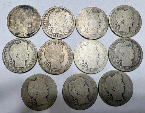 Lot Of 11 Barber Quarters - US Silver Coins - Various Dates - Approx 2 Oz (1.99)