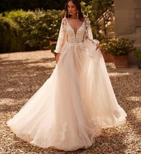 Plunge V-necklineLace Wedding Dress Bridal Gown Custom made 2-28W Bishop Sleeves