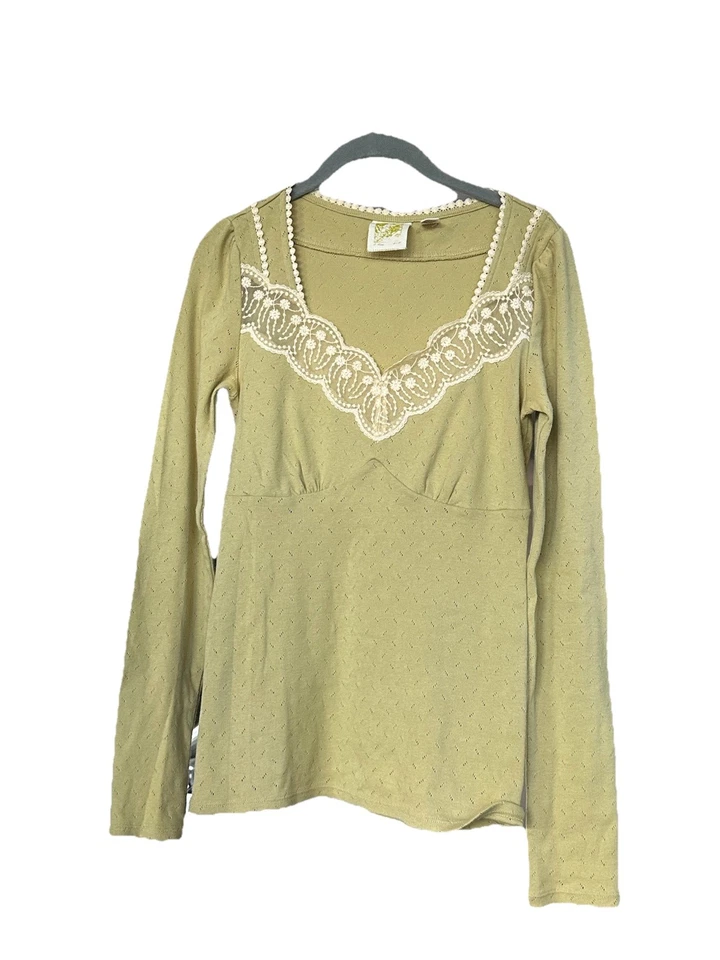 Top Babydoll Vintage y2k Verde Manga Larga Talla XS Bordado y Encaje Grunge