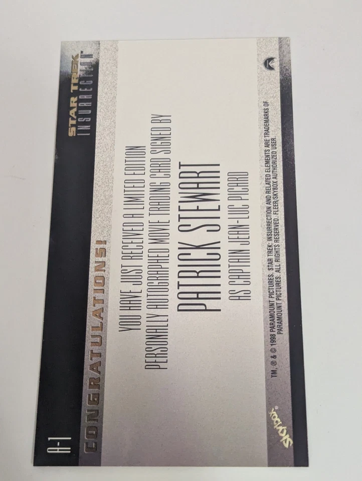 1998 Skybox Star Trek Insurrection Autograph A-1 Patrick Stewart Jean-Luc Picard - Image 2 of 2