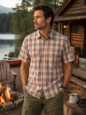 Croft & Barrow Plaid Shirt Men's Med Short Sleeve Cotton Camping Fishing Hiking