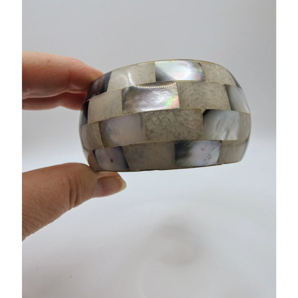 Vintage Brass Abalone MOP Shell Cuff Bangle Wide Chunky Boho Bracelet Gift - Image 2 of 4
