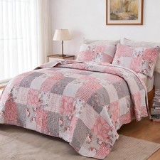 VIVILINEN Floral Patchwork Quilt Set Full/Queen Size 87"x95" , Pink Grey