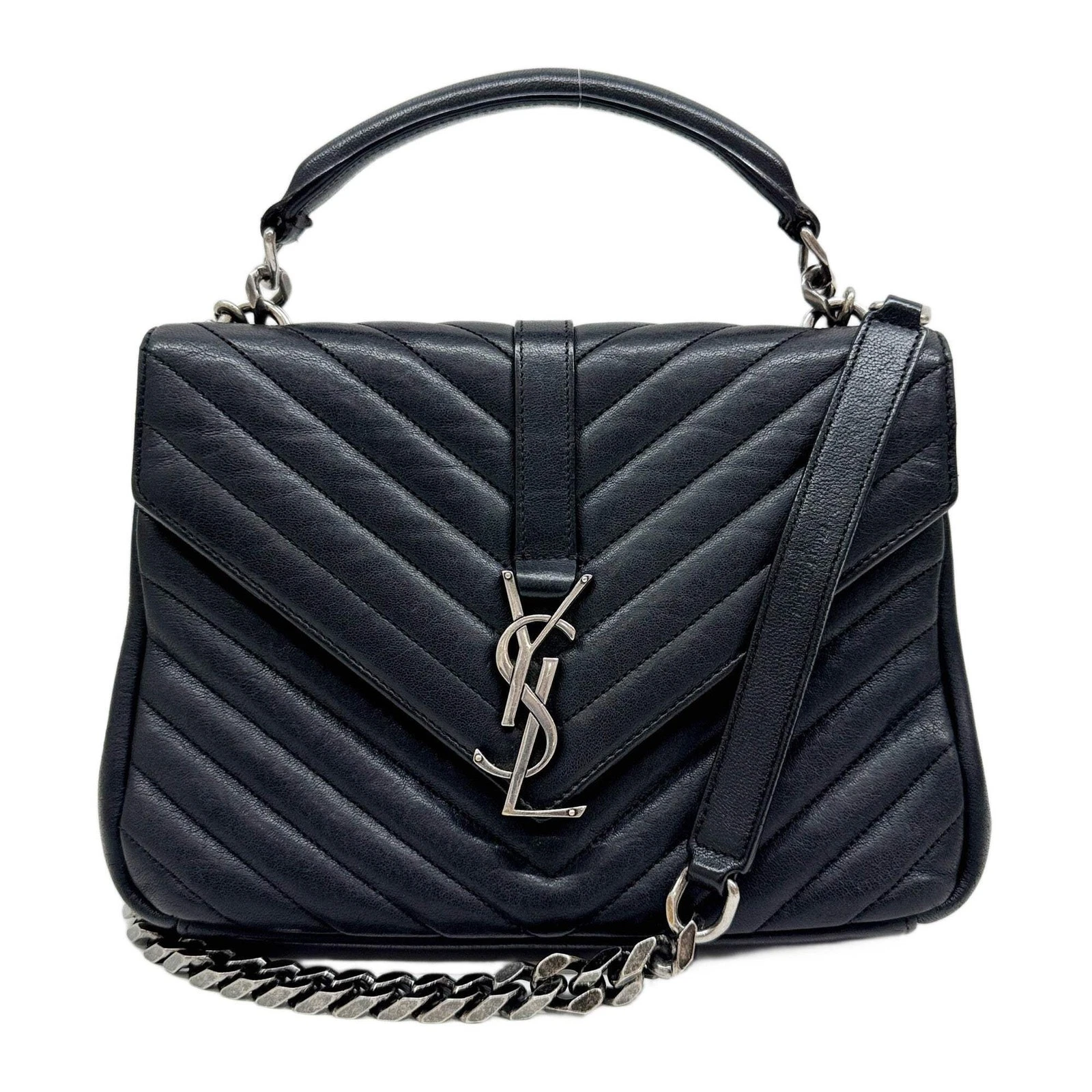 Saint Laurent — SAINT LAURENT College Black Leather with Silver Chain Shoulder Bag