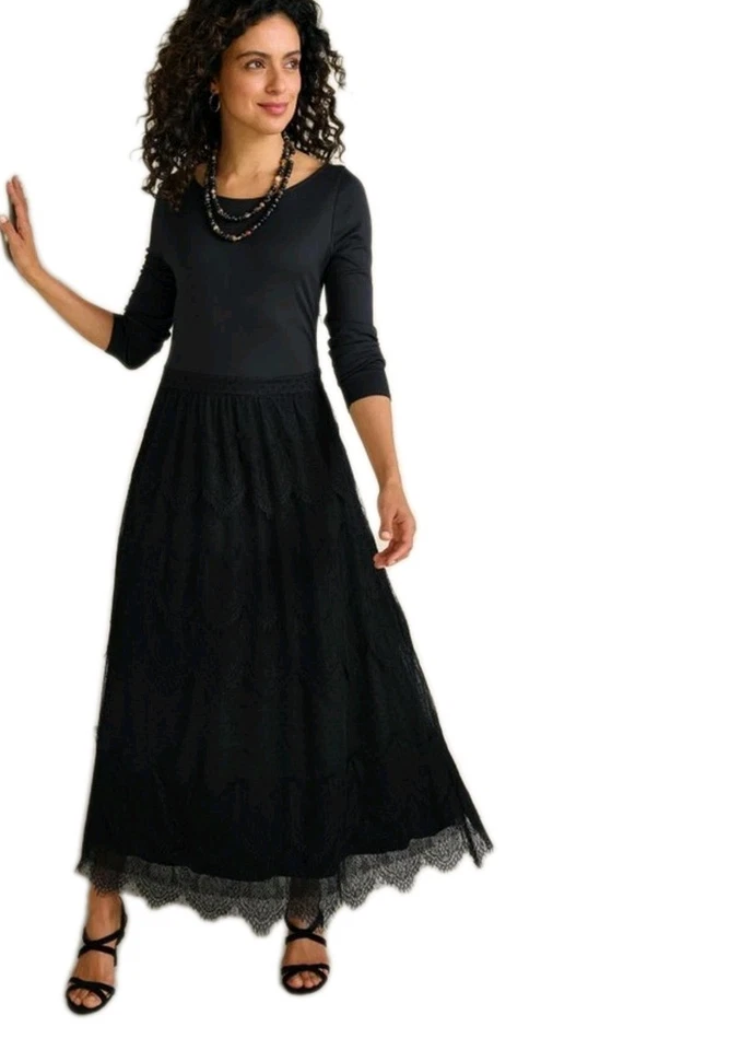 Vestido maxi SOFT SURROUNDINGS 3X Frederica preto renda em camadas bruxa caprichoso - Imagem 2 de 4