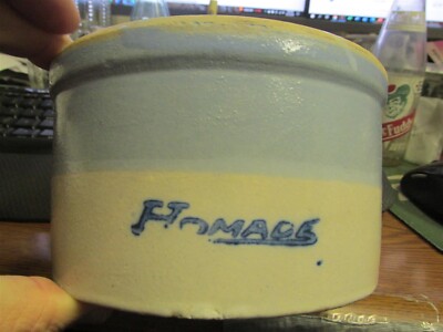 Butter Crock Homade Saginaw Michigan SMALL SIZE 6'' dia MICHIGAN MI Blue & White