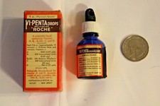 Vintage Roche VI-PENTA Vitamin Drops Cobalt Bottle Label Orig Box Dr. Sample