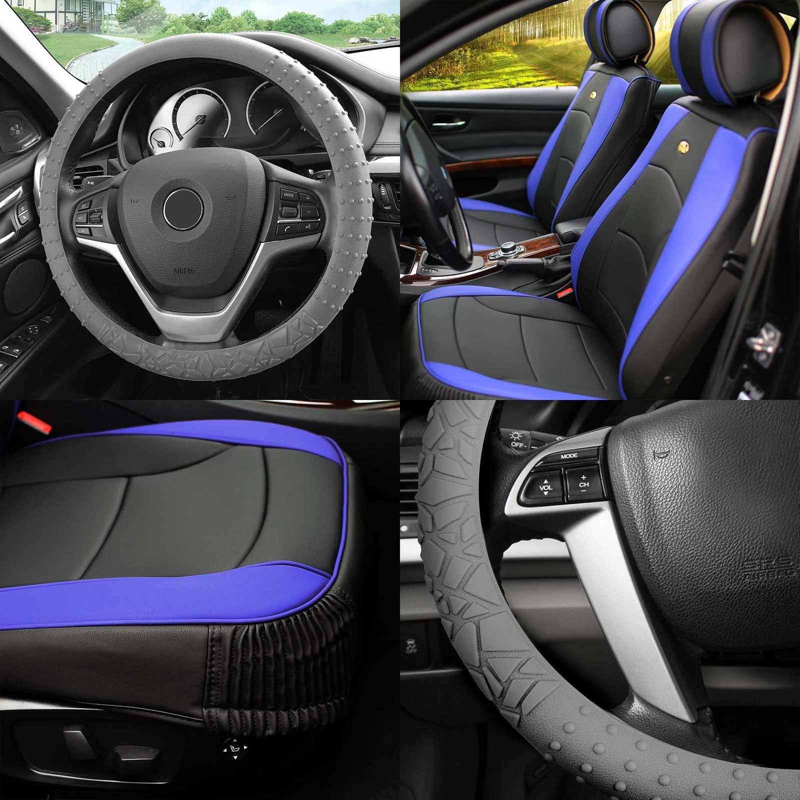 Black Blue Leatherette Seat Cushion Bucket Covers w/ Gray Steering Cover For SUV