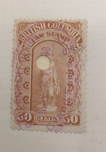 Lot de 2 timbres Colombie-Britannique Canada 1891 1901 Law Revenue - Pin Perf 50 centimes - Photo 3/3