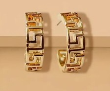 NEW WOMEN'S EXTRA SMALL HUGGIE YELLOW GOLD GREEK KEY ROUND HOOP EARRINGS .50"