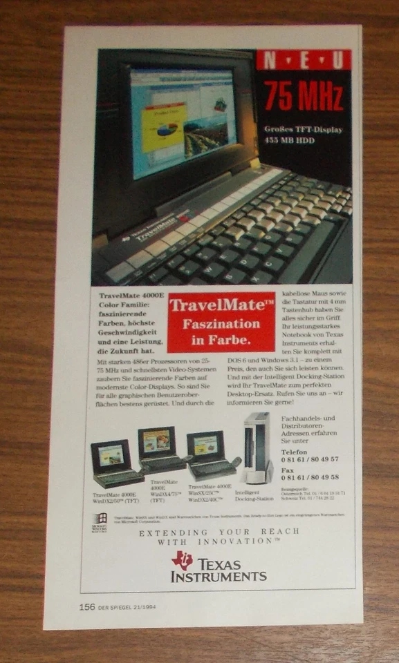 Seltene Werbung TEXAS INSTRUMENTS TRAVELMATE 4000E Notebook Portable PC 1994 - Bild 1 von 1