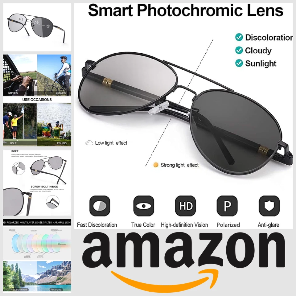 Mens Photochromic Sunglasses Polarised Driving Metal Frame UVA UVB UV400 Black