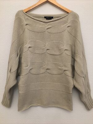 BCBG Max Azeria Oatmeal Cable Knit Slash Neck Sweater Pullover M