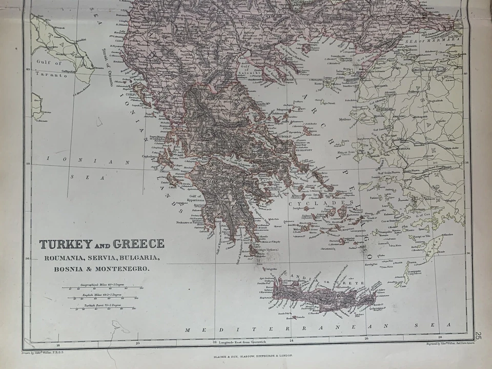 1884 Turkey in Europe, Balkans, Greece Antique Colour Map by Edward Weller - Image 3 of 3