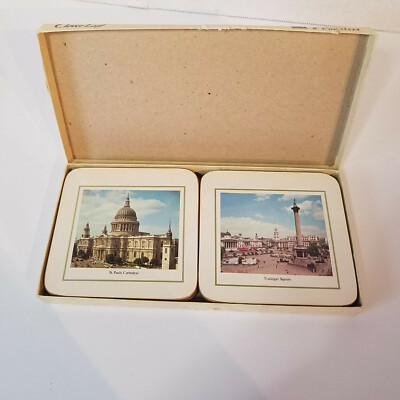 Set of 6 Vintage Cork Coasters, Scenes of London England, Import by Clover Leaf 