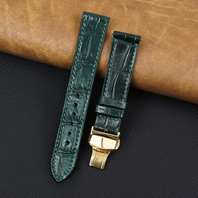 Green Leather Watch Band Gold Deployment Buckle Flat Crocodile Watch Strap Men