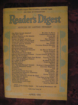 Reader's Digest April 1941 J C Furnas Manuel Komroff Peter B. Kyne H. L. Mencken