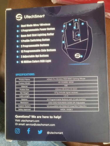 UNOPENED BOX Venus Pro RGB Wireless MMO Gaming Mouse, 16,000 DPI Optical Sensor - Picture 2 of 3