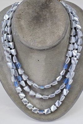 Vtg Sky Blue Acyrlic Pillow Goldwash Three Layer Strand Beaded Necklace Japan