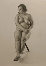 ORIGINAL female nude front view pencil realism classical figure seated drawing