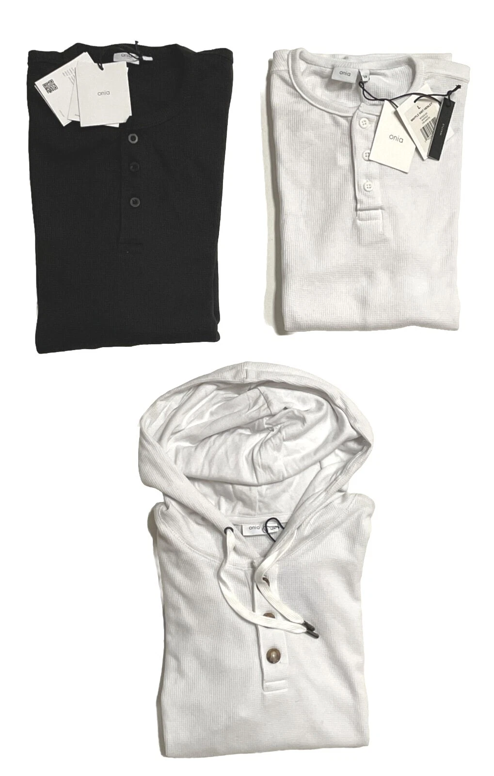ONIA Waffle Knit Men’s Black or White Cotton BLND Henleys or Hooded L/S Tops LRG