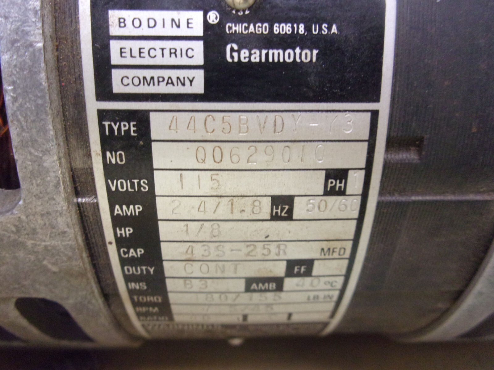 Bodine 44C5BVDY-Y3 Gear Motor 00629010 , 115V , 37.5/45 RPM