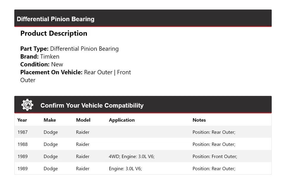 For 1987-1989 Dodge Raider Differential Pinion Bearing Timken 1988 - Image 2 of 4