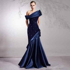 Off Shoulder Mermaid Prom Dresses Beads Stones Sweep Train Backless Evening Gown