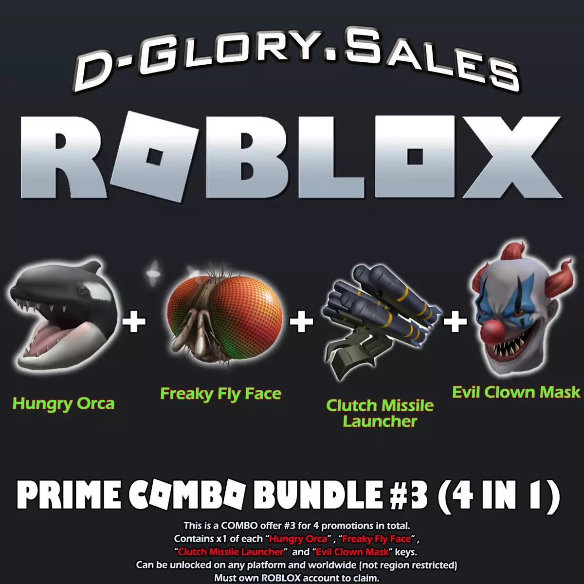 ROBLOX - Prime Bundle #3 (Hungry Orca, Fly Face, Clutch Missile, Evil Clown)